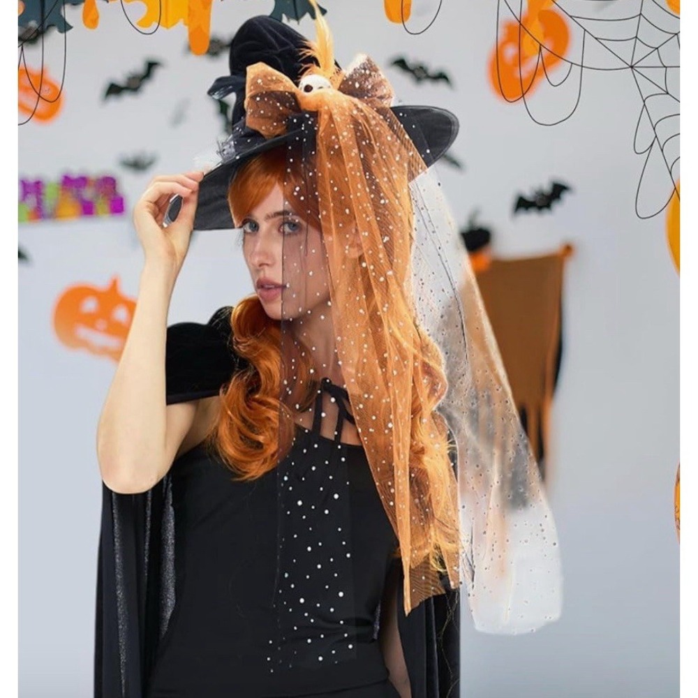 Orange Long Hair Wig & Skull Witch Hat- Adults Witch Costume‎